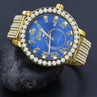 Pre-owned Ice House Icy Real Diamond Gold Blue Sapphire Roman Solitaire Dial Custom Band Bezel Watch