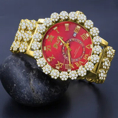 Pre-owned Ice House Icy Real Diamond Ruby Red Roman Xl 55mm Dial Gold Finish Flower Band Bezel Watch