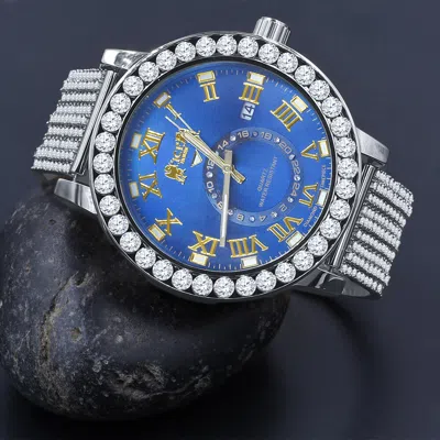 Pre-owned Ice House Icy Real Diamond White Gold Blue Sapphire Solitaire Dial Custom Band Bezel Watch