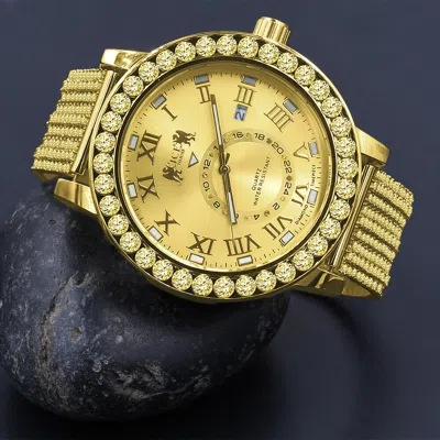 Pre-owned Ice House Icy Real Diamonds Canary Gold Tone Roman Solitaire Dial Custom Band Bezel Watch