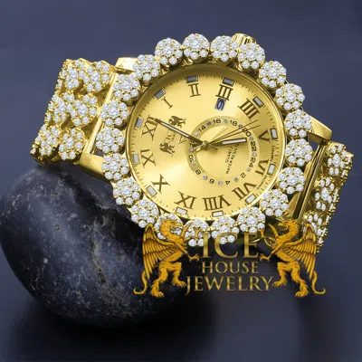 Pre-owned Ice House Icy Roman Face Gold Finish Xl 55mm Genuine Diamond Watch Custom Band & Dial