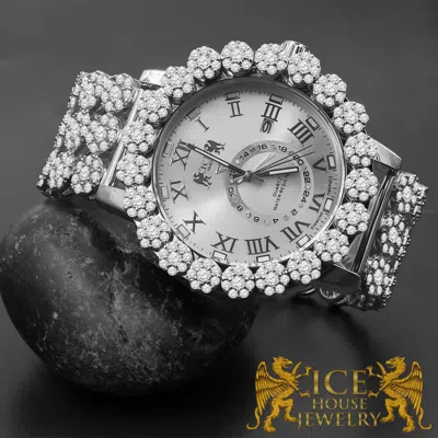 Pre-owned Ice House Icy Roman Face White Gold Finish Xl 55mm Genuine Diamond Watch Custom Band &dial