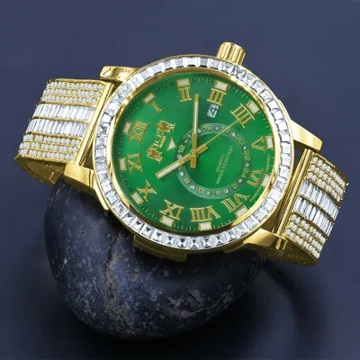 Pre-owned Ice House Icy Yellow Gold Tone White Baguette Green Face Dial Custom Band Luxury Watch