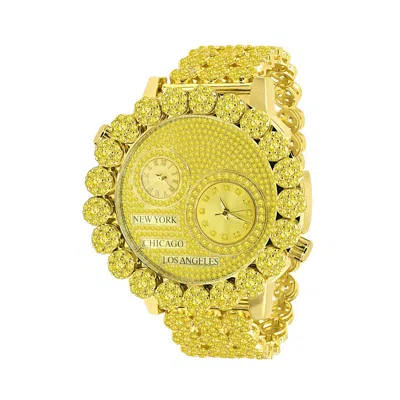 Pre-owned Ice House Men's 2 Time Zone Diamond Dial Canary Tone Chronograph Flower Bezel Band Watch