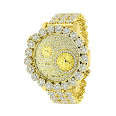 Pre-owned Ice House Men's 2 Time Zone Diamond Dial Gold Tone Chronograph Flower Bezel Band Watch