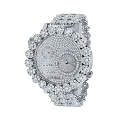 Pre-owned Ice House Men's 2 Time Zone Diamond Dial White Tone Chronograph Flower Bezel Band Watch