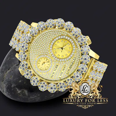 Pre-owned Ice House Men's 2 Time Zone Gold Tone Chronograph Diamond Dial Flower Bezel Band Xl Watch