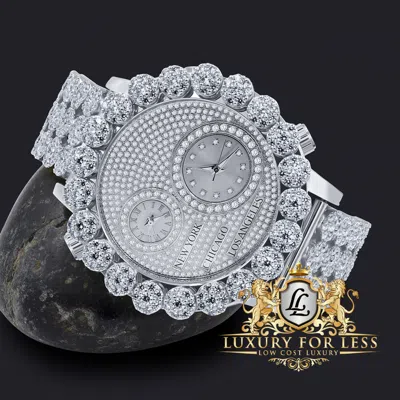 Pre-owned Ice House Men's 2 Time Zone White Tone Chronograph Diamond Dial Flower Bezel Band Xl Watch
