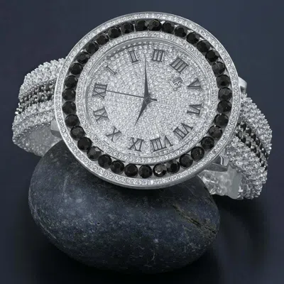 Pre-owned Ice House Men Black Solitaire Bezel Roman Numeral Dial White Gold Finish Simulated Diamond