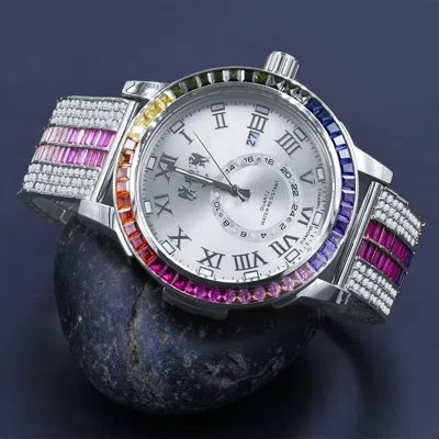 Pre-owned Ice House Men's Custom Baguette 18k White Gold Tone Rainbow Multi Genuine Diamonds Watch