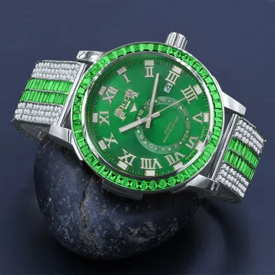 Pre-owned Ice House Men's Custom Baguette Emerald Green Dial White Gold Tone Simulated Diamond Watch