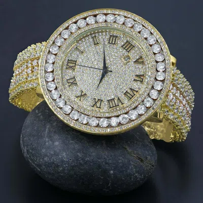 Pre-owned Ice House Men's Custom Big Face Xxl 2 Tone White Remove Able Bezel Wrist Watch Yellow Tone