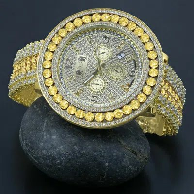 Pre-owned Ice House Men's Custom Big Face Xxl Multi Cz Canary & White Remove Able Bezel Wrist Watch