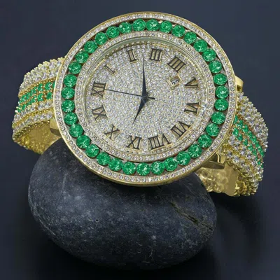 Pre-owned Ice House Men's Custom Big Face Xxl Multi Cz Green & White Remove Able Bezel Wrist Watch