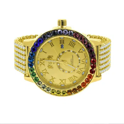 Pre-owned Ice House Men's Custom Rainbow Multi Gold Tone Real Diamond Roman Numb Dial Watch Xl 55mm