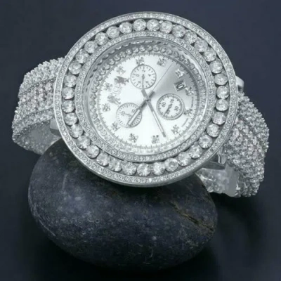 Pre-owned Ice House Men Custom Watch Genuine Diamond Dial 18k White Gold Finish Stainless Steel Back