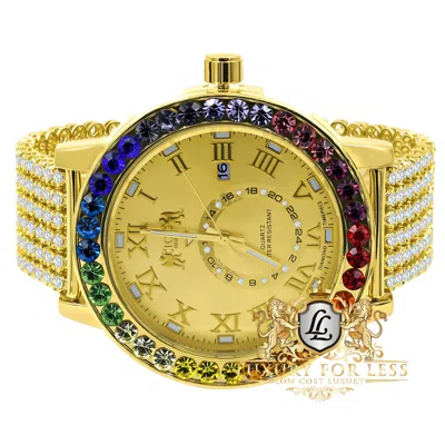 Pre-owned Ice House Men's Exclusive Custom Watch Xl 55mm Rainbow Multi Gold Tone Real Diamond Dial