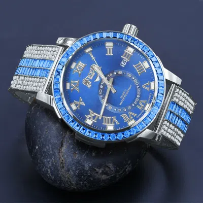 Pre-owned Ice House Men's Genuine Diamonds Custom Baguette Blue Sapphire Dial White Gold Tone Watch