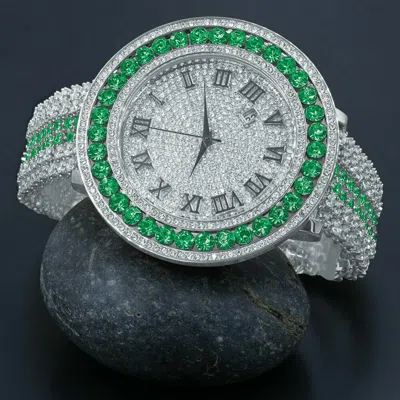 Pre-owned Ice House Men Green Solitaire Bezel Roman Numeral Dial White Gold Finish Simulated Diamond