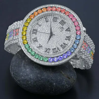 Pre-owned Ice House Men Multi Solitaire Bezel Roman Numeral Dial White Gold Finish Simulated Diamond