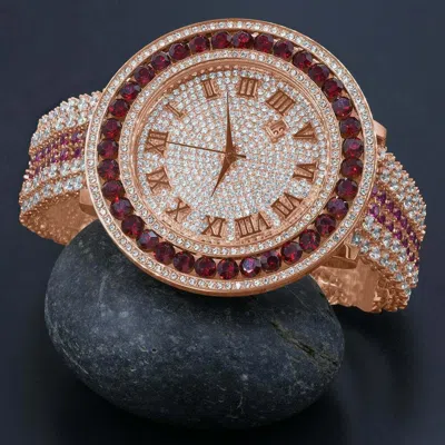 Pre-owned Ice House Men's Pink Rose Gold Tone Brown Cz's Xxl Bezel W/ Date Wrist Custom Watch