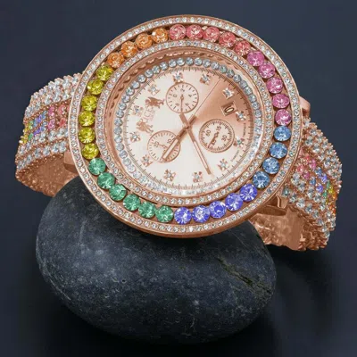 Pre-owned Ice House Men's Pink Rose Gold Tone Rainbow Cz's Xxl Bezel W/ Date Wrist Custom Watch