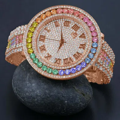 Pre-owned Ice House Men's Pink Rose Gold Tone Rainbow Cz's Xxl Bezel W/ Date Wrist Custom Watch