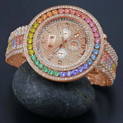 Pre-owned Ice House Men's Pink Rose Gold Tone Rainbow Cz's Xxl Bezel W/ Date Wrist Custom Watch