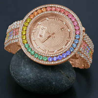 Pre-owned Ice House Men's Pink Rose Gold Tone Rainbow Cz's Xxl Bezel W/ Date Wrist Custom Watch