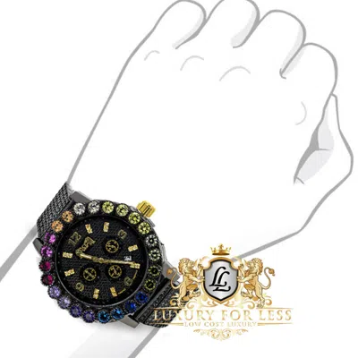 Pre-owned Ice House Men's Prong Set Steel Rainbow Multi Black Gold Finish Simulated Diamond Xl Watch