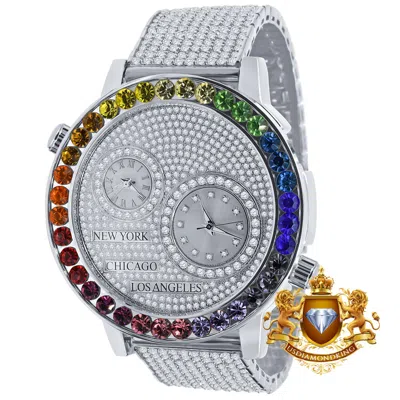 Pre-owned Ice House Men's Rainbow Multi Tone Chronograph Real Diamond Dial White Gold Finish Watch