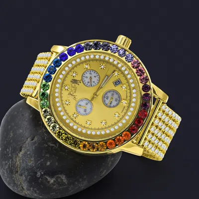 Pre-owned Ice House Men's Real Diamond Channel Set Dial Rainbow Multi Gold Tone Custom Watch W/date