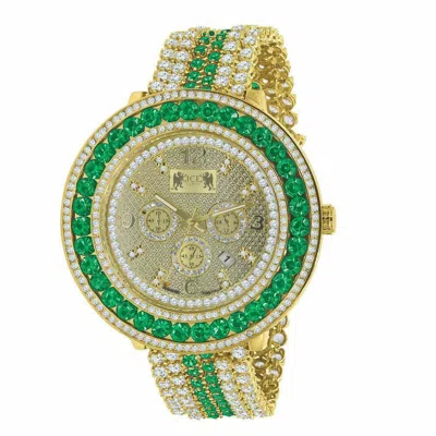 Pre-owned Ice House Men's Real Diamond Dial Emerald Green 18k Yellow Gold Finish W/date Custom Watch