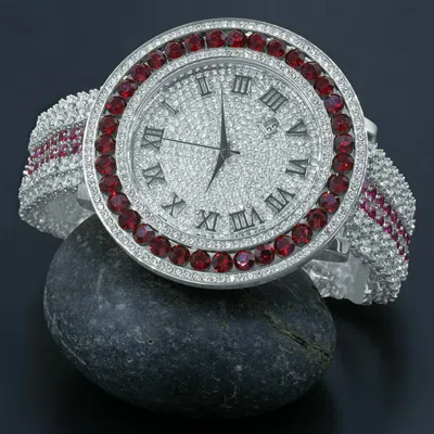 Pre-owned Ice House Men's Red Solitaire Bezel Roman Numeral Dial White Gold Finish Simulated Diamond