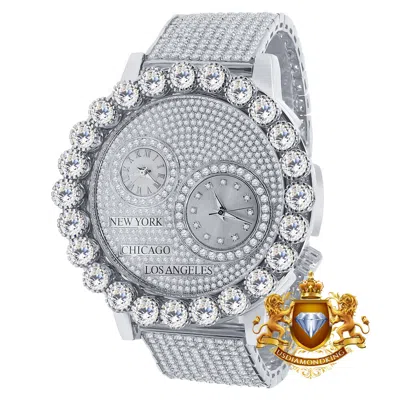 Pre-owned Ice House Men's Solitaire 2 Time Zone Chronograph Diamond Dial 18k White Gold Finish Watch