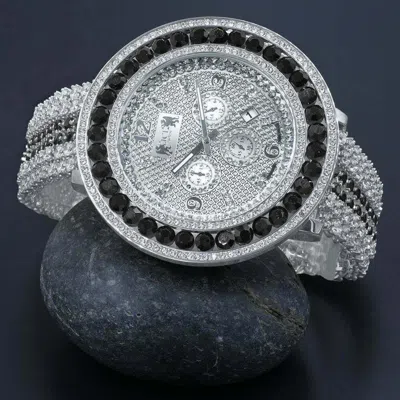 Pre-owned Ice House Men White Gold Tone Xxl Black Solitaire Bezel W/ Custom Cz Band Watch W/date
