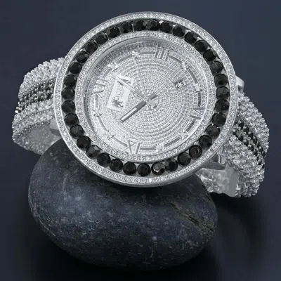 Pre-owned Ice House Men White Gold Tone Xxl Black Solitaire Bezel W/ Custom Cz Band Watch W/date