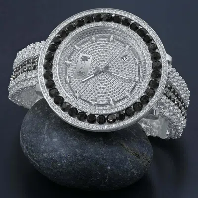 Pre-owned Ice House Men White Gold Tone Xxl Black Solitaire Bezel W/ Custom Cz Band Watch W/date