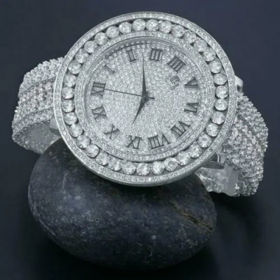 Pre-owned Ice House Men White Solitaire Bezel Roman Numeral Dial White Gold Finish Simulated Diamond
