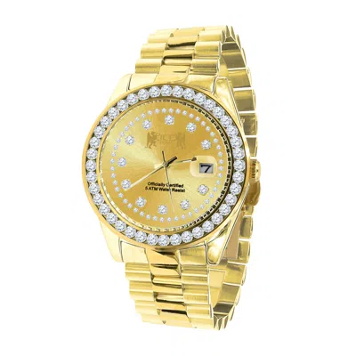 Pre-owned Ice House Men's Yellow Gold Finish Full Solid Steel Solitaire Simulated Diamond 41mm Watch