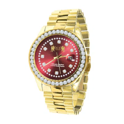Pre-owned Ice House Men's Yellow Gold Finish Red Dial Solid Steel Solitaire Simulated Diamond Watch