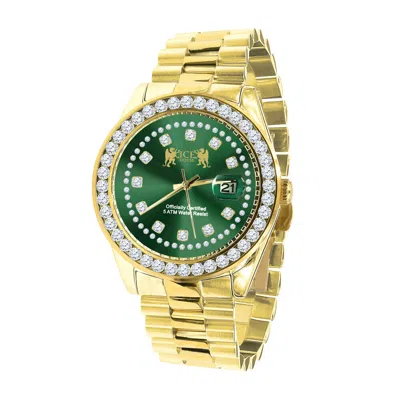 Pre-owned Ice House Men's Yellow Gold Finish Solid Steel Solitaire Green Dial President 41 Mm Watch
