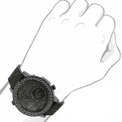 Pre-owned Ice House Mens Black Gold Finish Real Diamond Solitaire Dial 2 Time Zone Chronograph Watch