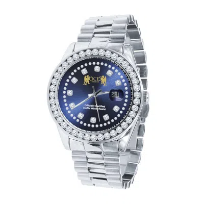 Pre-owned Ice House Mens Blue Dial Full Steel Solitaire White Gold Tone Simulated Diamond 41mm Watch