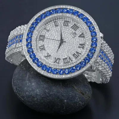 Pre-owned Ice House Mens Blue Solitaire Bezel Roman Numeral Dial White Gold Finish Simulated Diamond