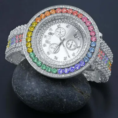 Pre-owned Ice House Mens Custom Watch Rainbow Multi Tone Real Diamond Dial 18k White Gold Finish Xxl