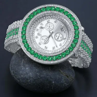 Pre-owned Ice House Mens Green Emerald Xxl Custom Watch Real Diamond Dial 18k White Gold Finish Date