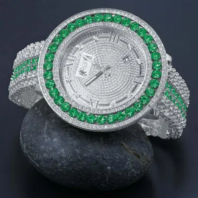 Pre-owned Ice House Mens Green Emerald Xxl Custom Watch Real Diamond Dial 18k White Gold Finish Date