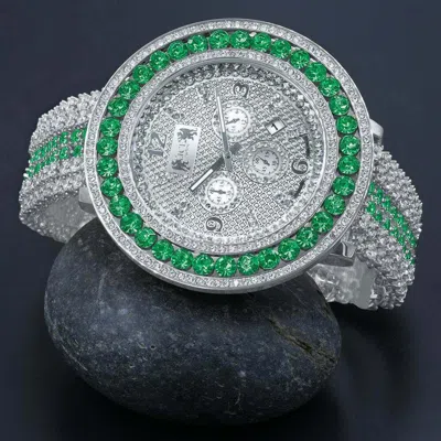 Pre-owned Ice House Mens Green Emerald Xxl Custom Watch Real Diamond Dial 18k White Gold Finish Date