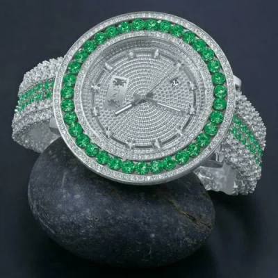 Pre-owned Ice House Mens Green Emerald Xxl Custom Watch Real Diamond Dial 18k White Gold Finish Date
